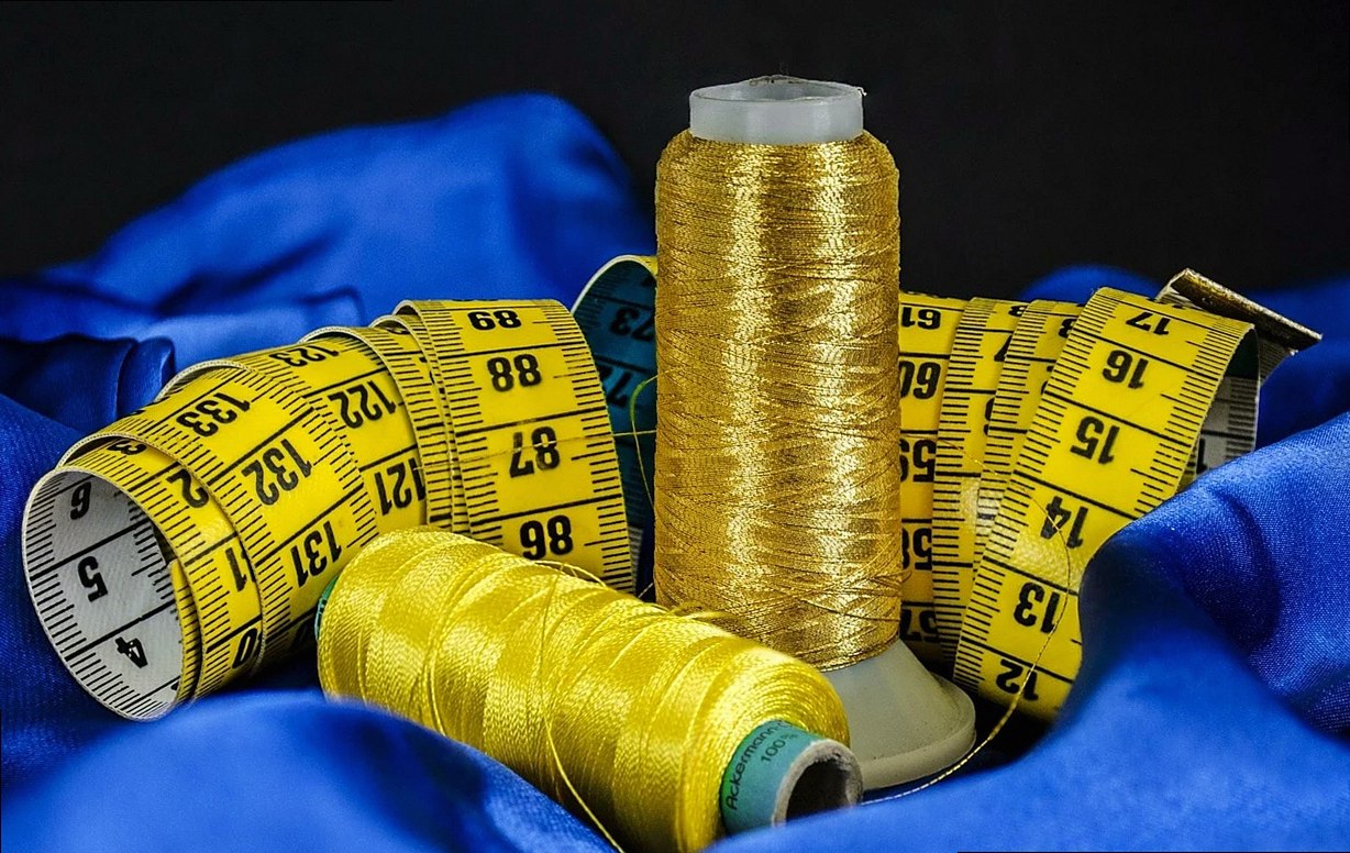 sewing, cotton, thread, material, tape, measure, blue, yellow, gold, tailor, centimeter, measurement, textile, fashion, 